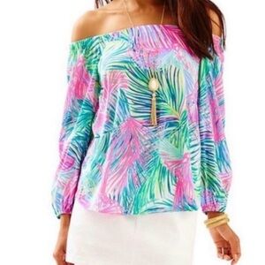 Lilly Pulitzer Adira Silk Off-Shoulder Tropical Print Blouse in Pink & Teal